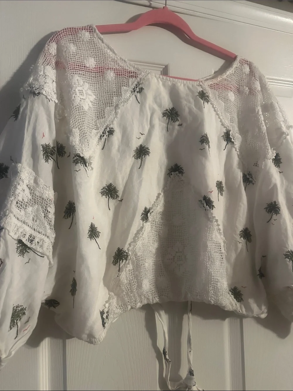 Free People White Cropped Boho Blouse with Green Palm Embroidery